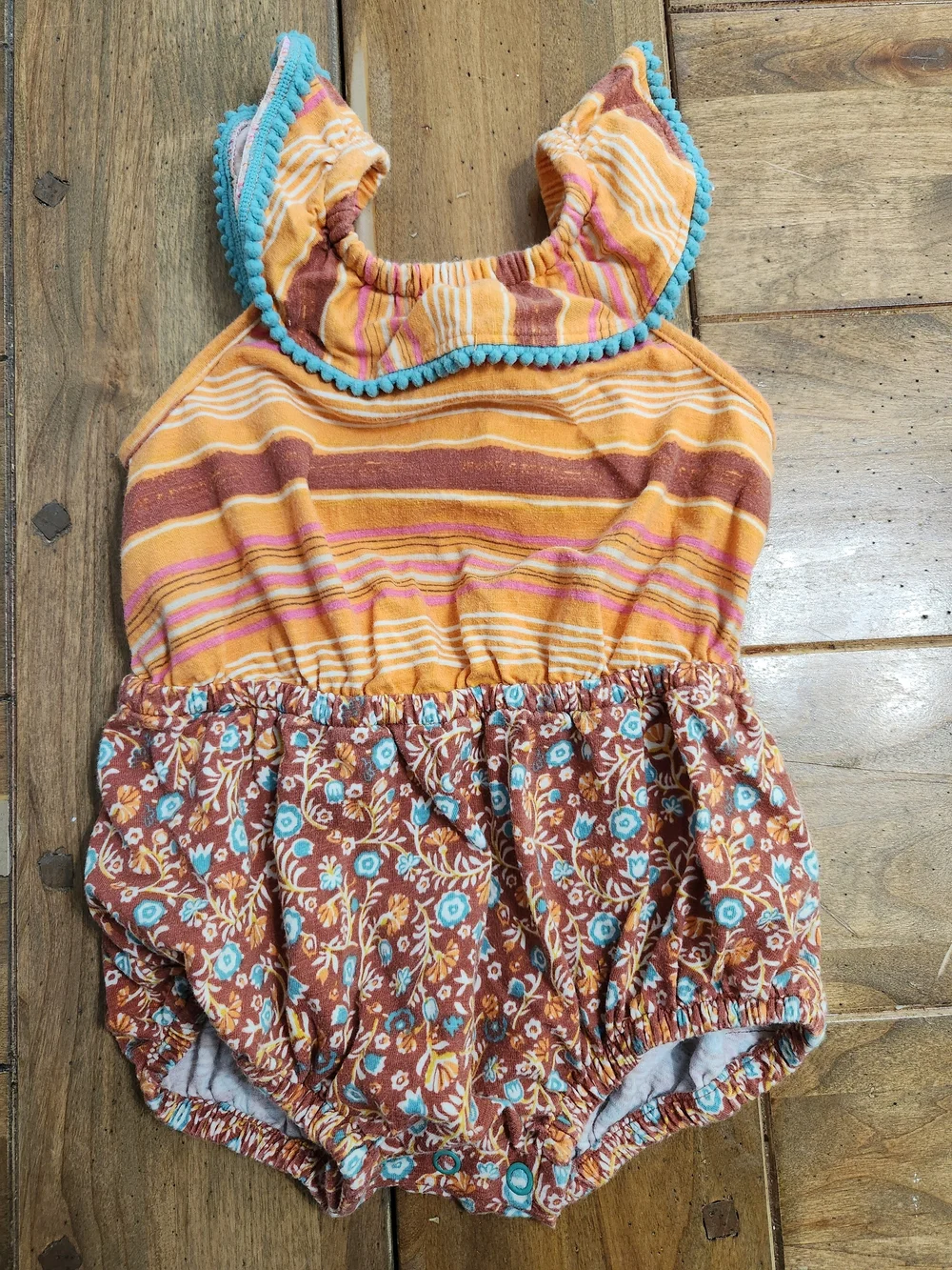 Matilda Jane Striped & Floral Baby Romper in Orange, Rust, Turquoise